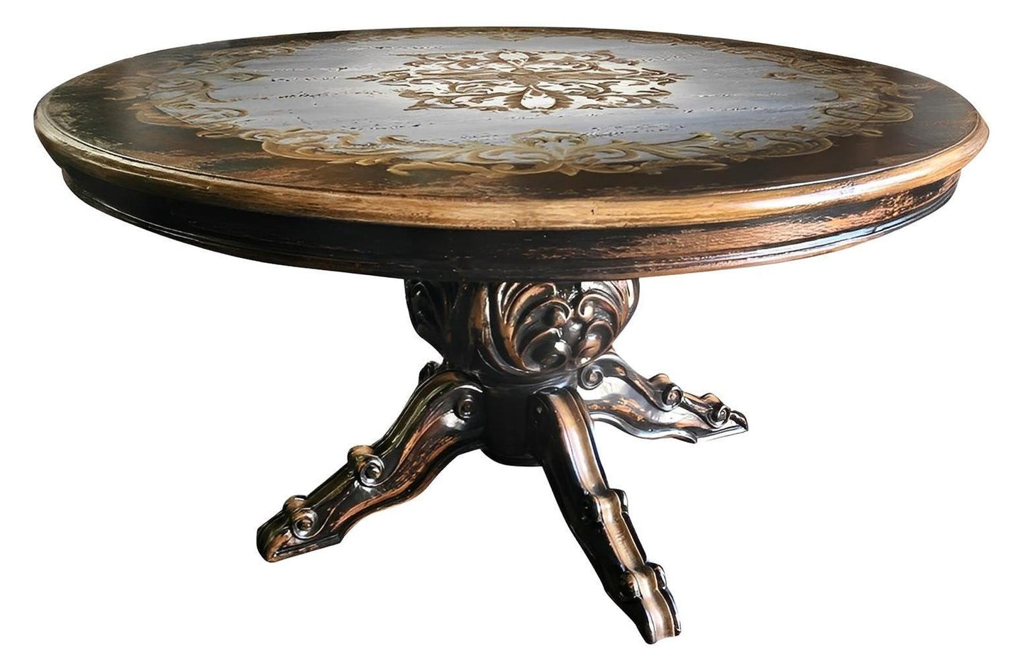 Castelnou Dining Table - Round, Dark Walnut, Antique Gold Floral Inlay on a carved pedestal base