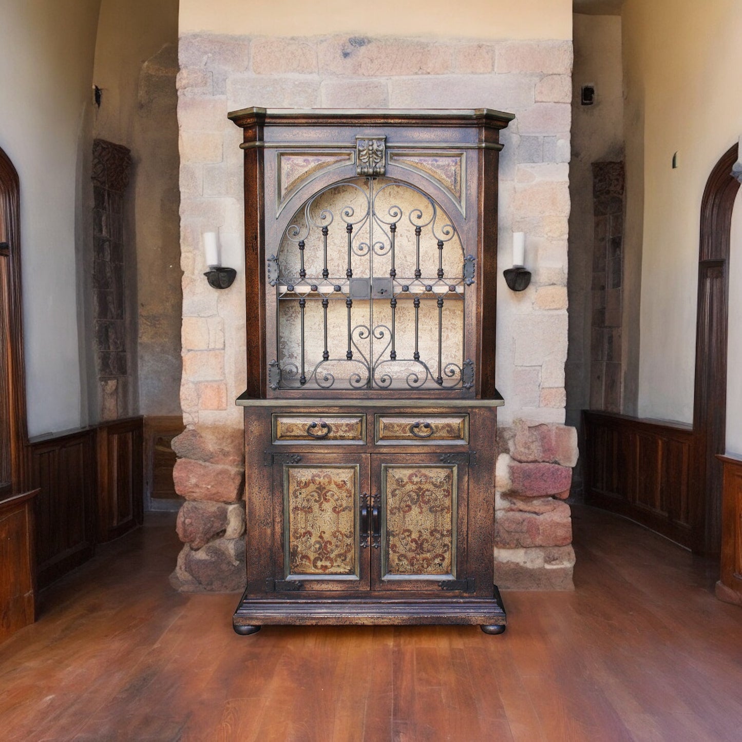 Auray Armoire, Antique Brown, With Ornate Arched Glass Doors And Wrought Iron Grille