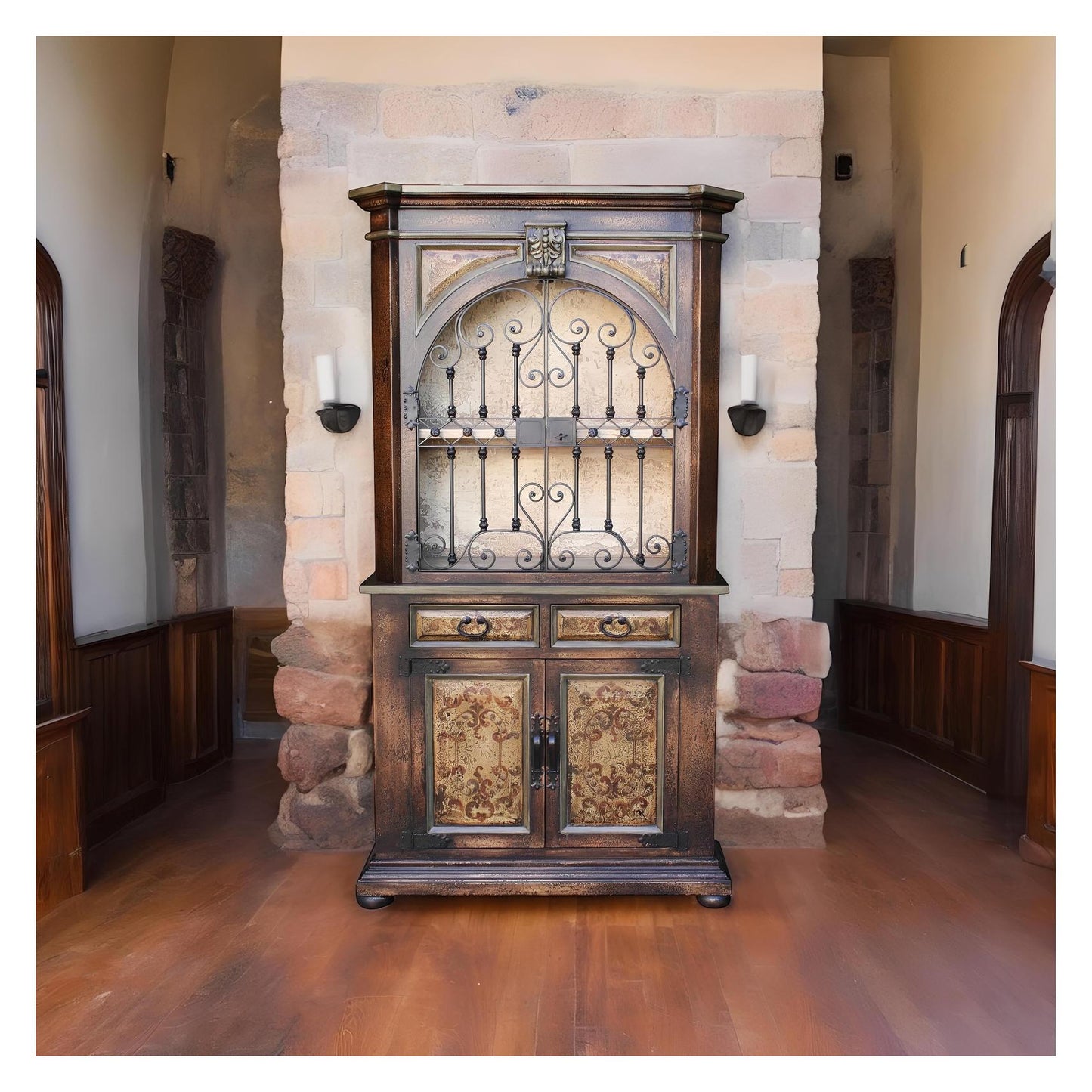 Auray Armoire, Antique Brown, With Ornate Arched Glass Doors And Wrought Iron Grille
