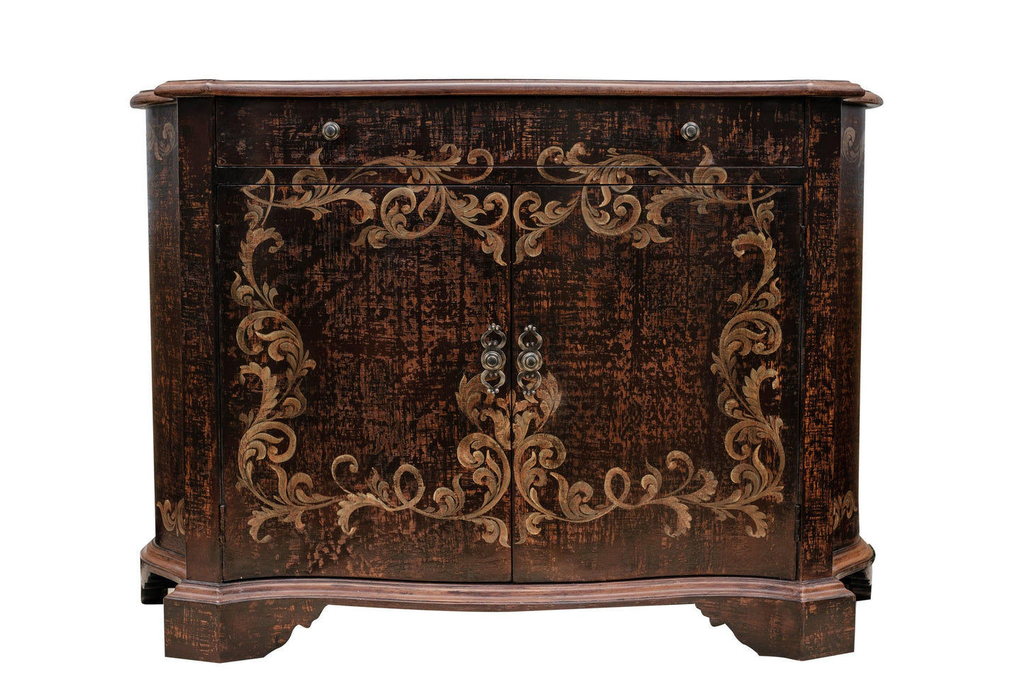 Lombez Chest, Dark Brown, Distressed Finish With Hand Painted Gold Scrollwork And Ornate Detailing