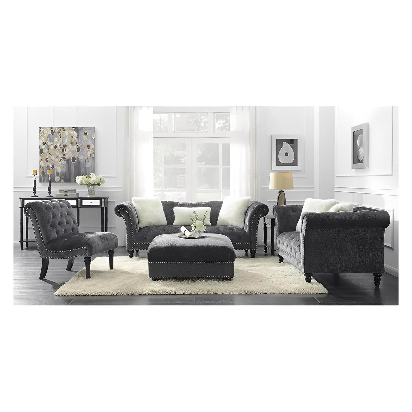 ARMLESS ACCENT CHAIR, DARK GREY, BUTTON TUFTED, LUXURY (2-Pack)