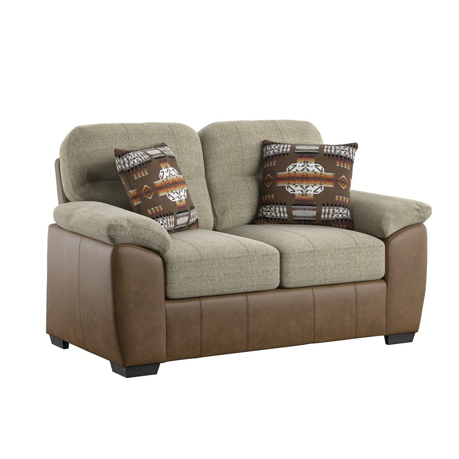 LOVESEAT W / 2 PILLOW - TWO TONE BEIGE / BROWN PU