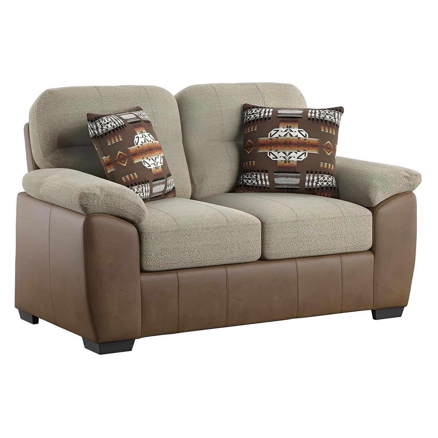 LOVESEAT W / 2 PILLOW - TWO TONE BEIGE / BROWN PU