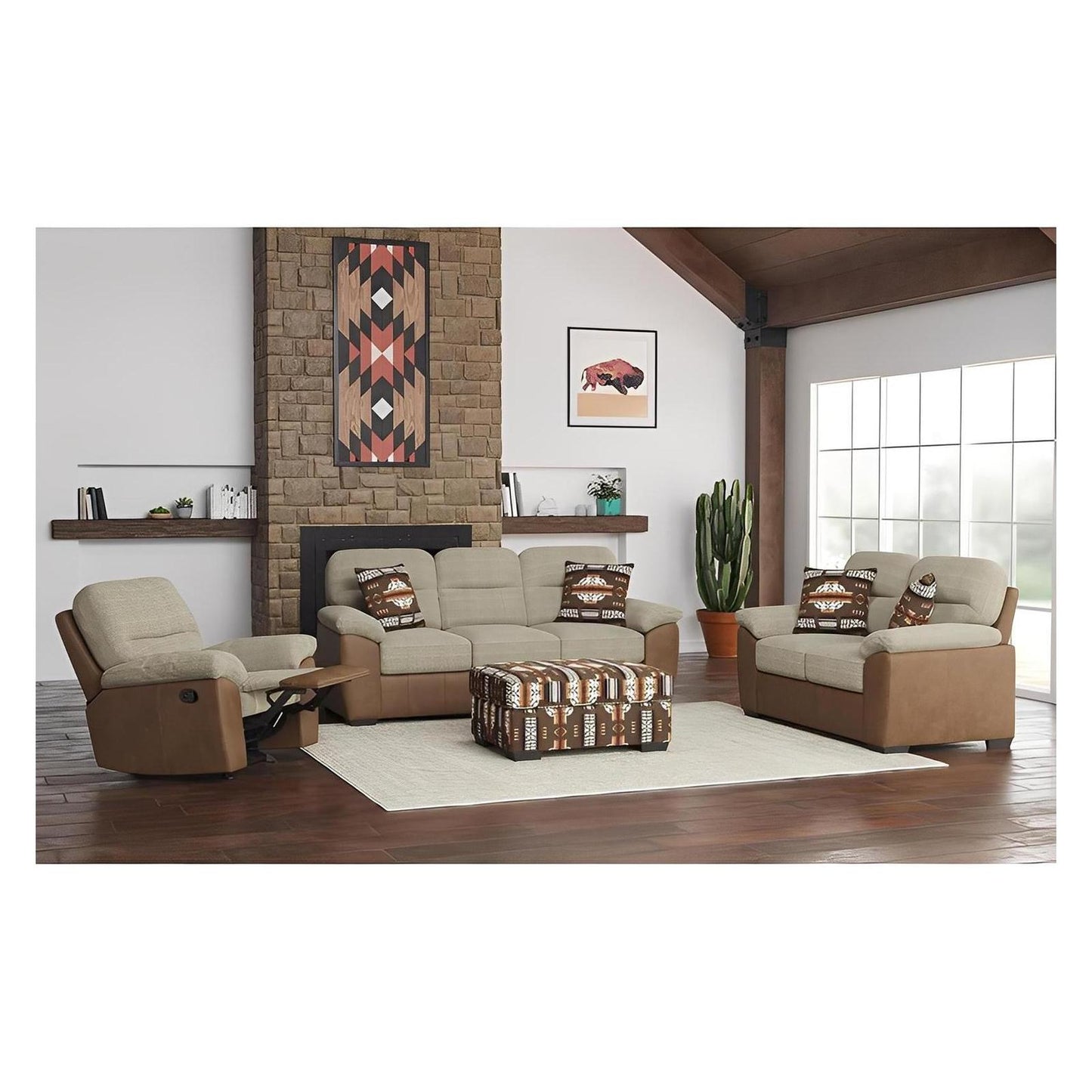 LOVESEAT W / 2 PILLOW - TWO TONE BEIGE / BROWN PU
