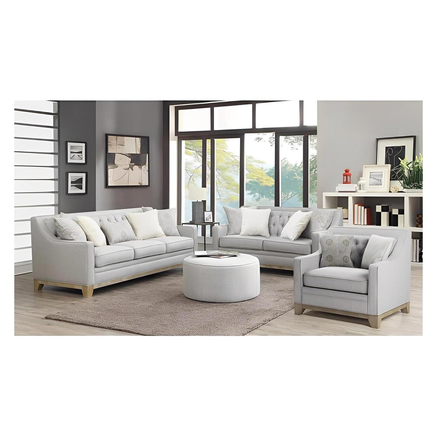 CHAIR W / 2 PILLOWS Gray Textured Fabric, Classic, Button Tufted (2-Pack)