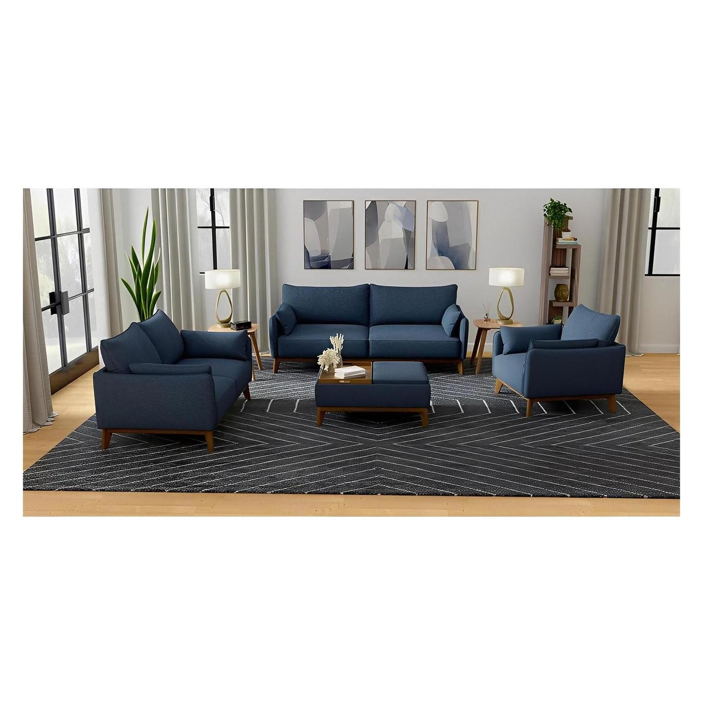 OTTOMAN W / WOOD BASE, STORAGE & TRAYS - NAVY