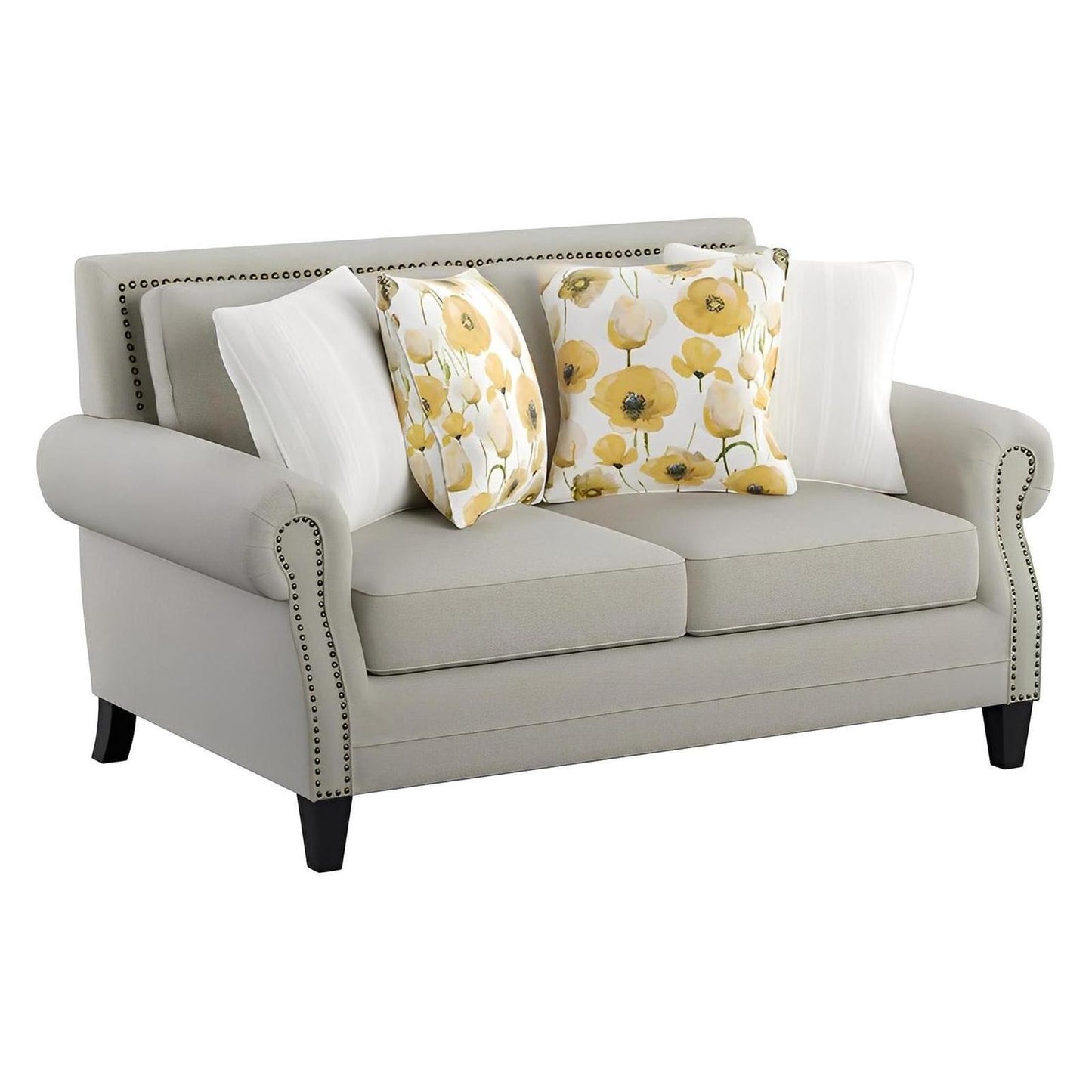 LOVESEAT W / 4 PILLOWS Beige fabric, Rolled arms, Nailhead Trim