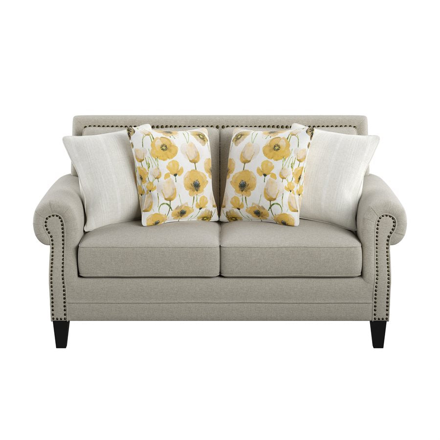 LOVESEAT W / 4 PILLOWS Beige fabric, Rolled arms, Nailhead Trim