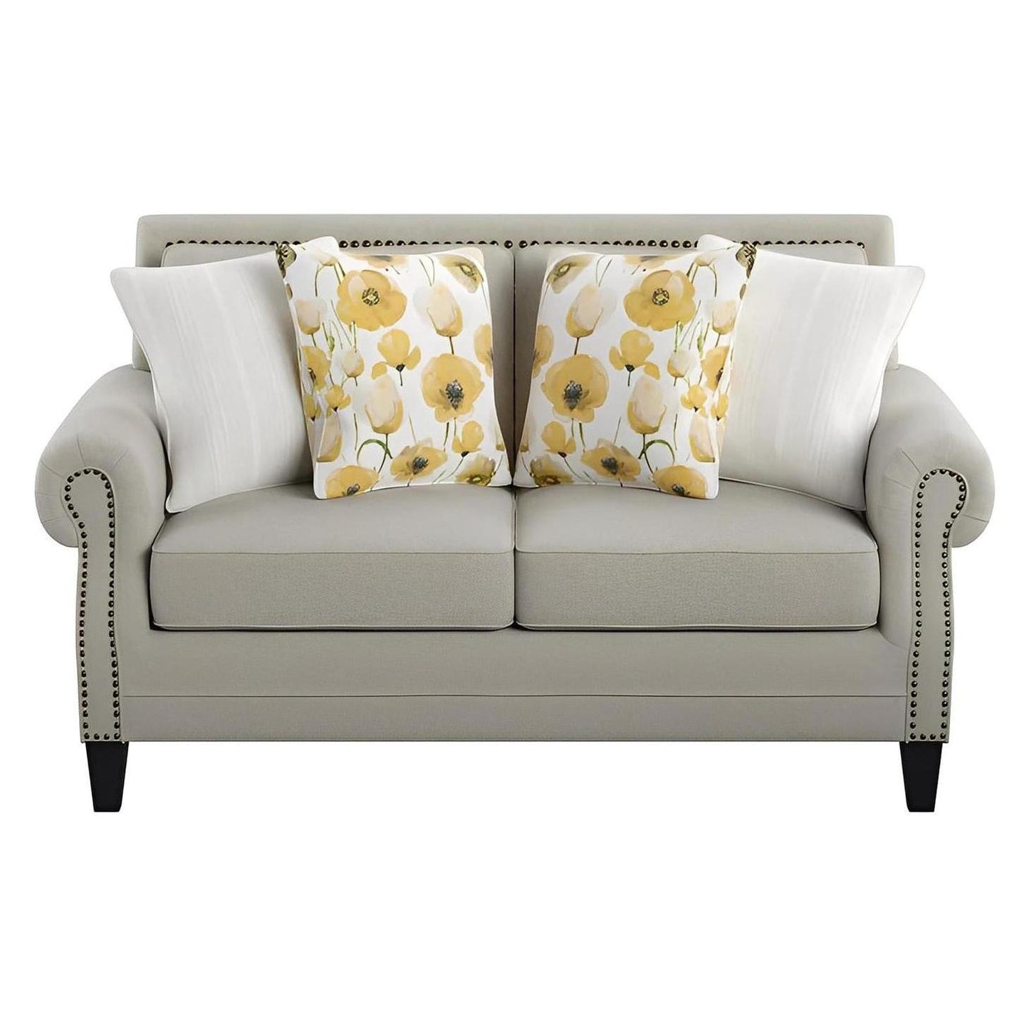 LOVESEAT W / 4 PILLOWS Beige fabric, Rolled arms, Nailhead Trim