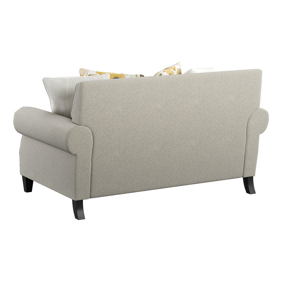 LOVESEAT W / 4 PILLOWS Beige fabric, Rolled arms, Nailhead Trim