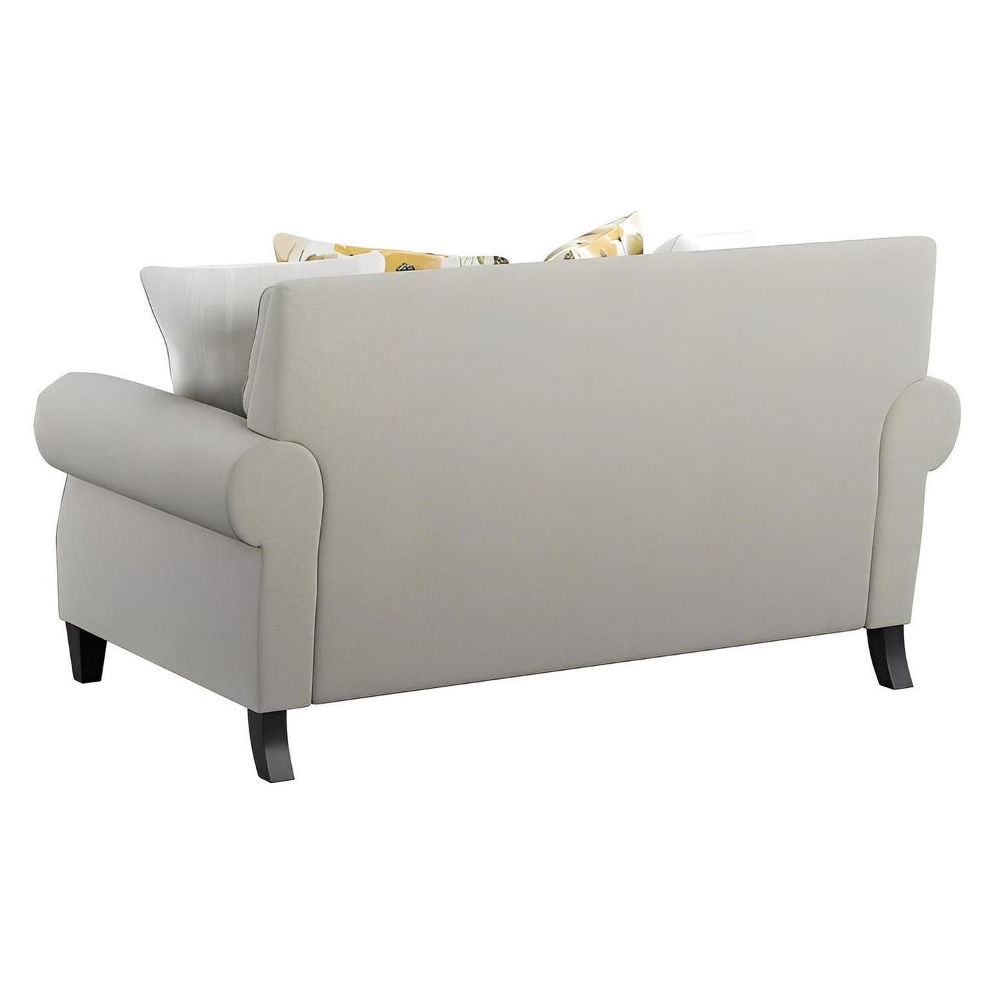 LOVESEAT W / 4 PILLOWS Beige fabric, Rolled arms, Nailhead Trim