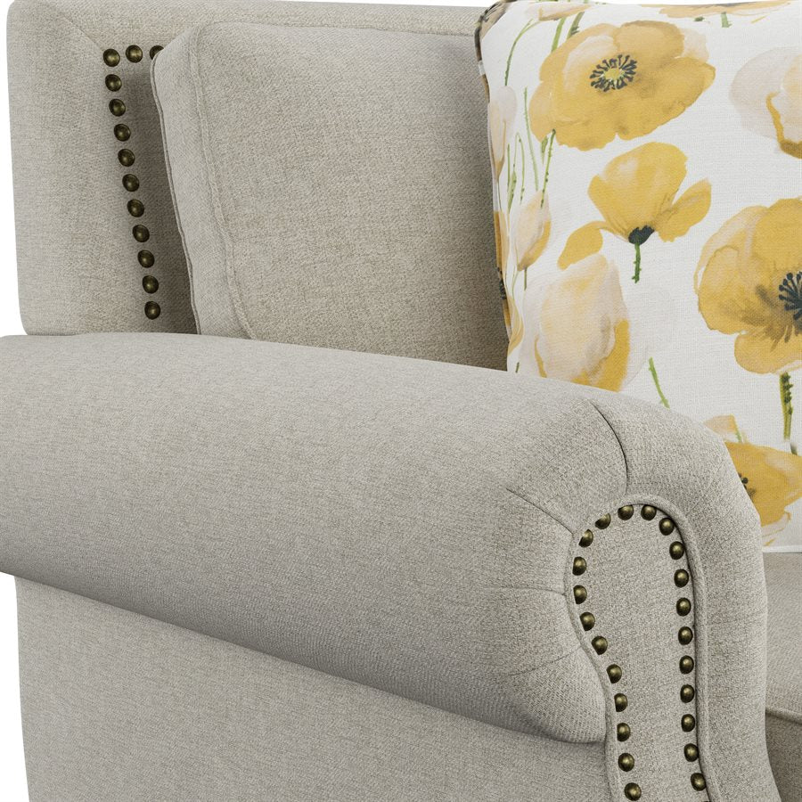 LOVESEAT W / 4 PILLOWS Beige fabric, Rolled arms, Nailhead Trim