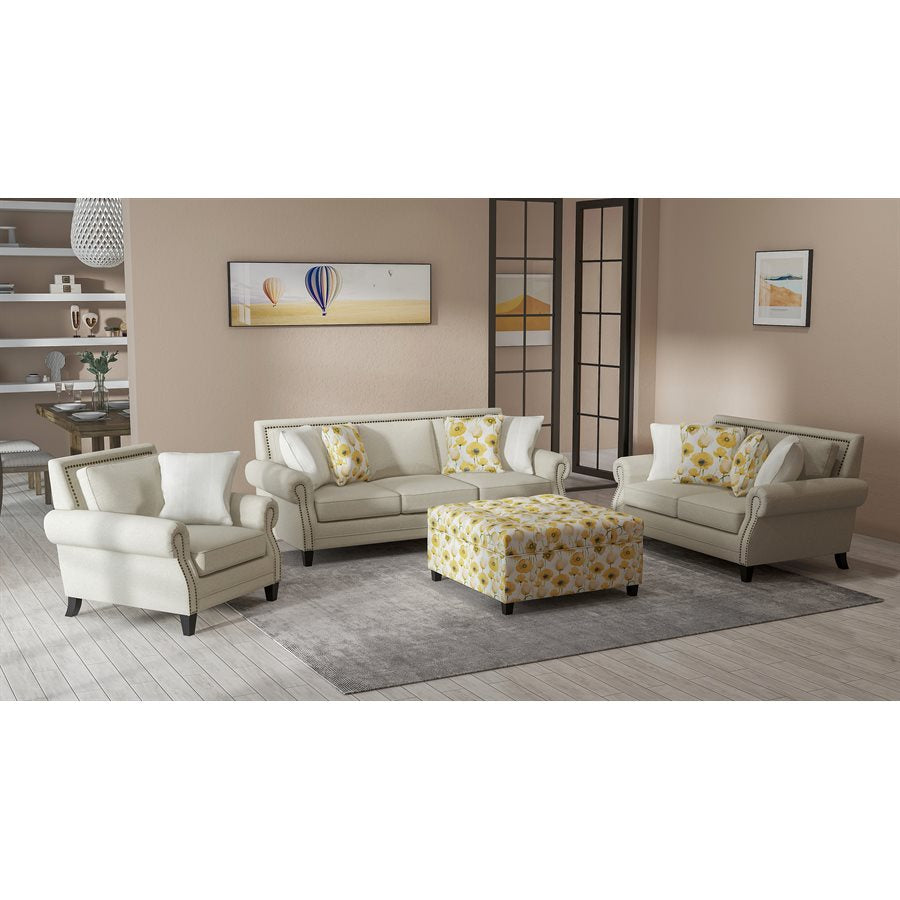 LOVESEAT W / 4 PILLOWS Beige fabric, Rolled arms, Nailhead Trim