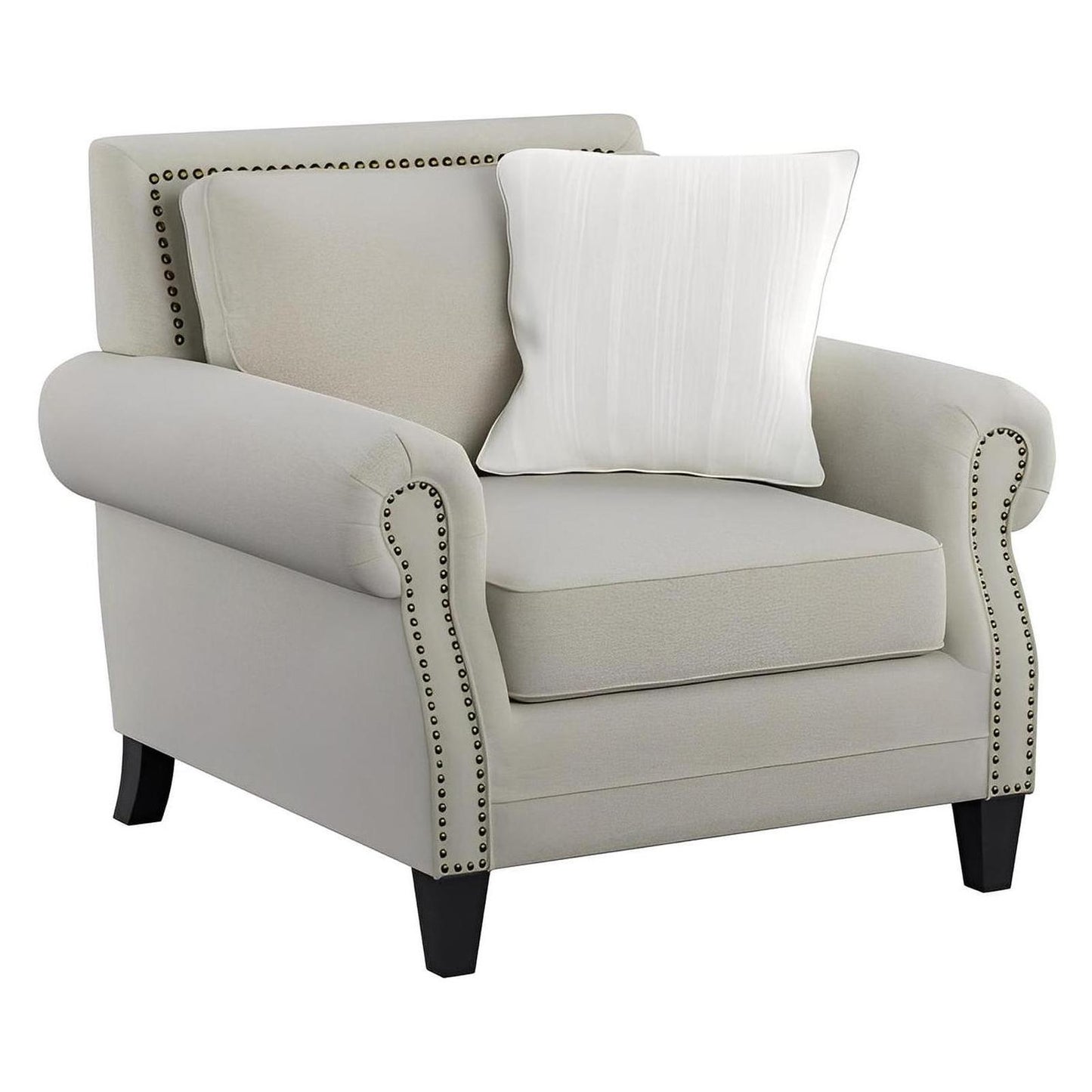 CHAIR W / 1 PILLOW Saxon Beige fabric, Rolled arms, Bronze Nailhead Trim (2-Pack)