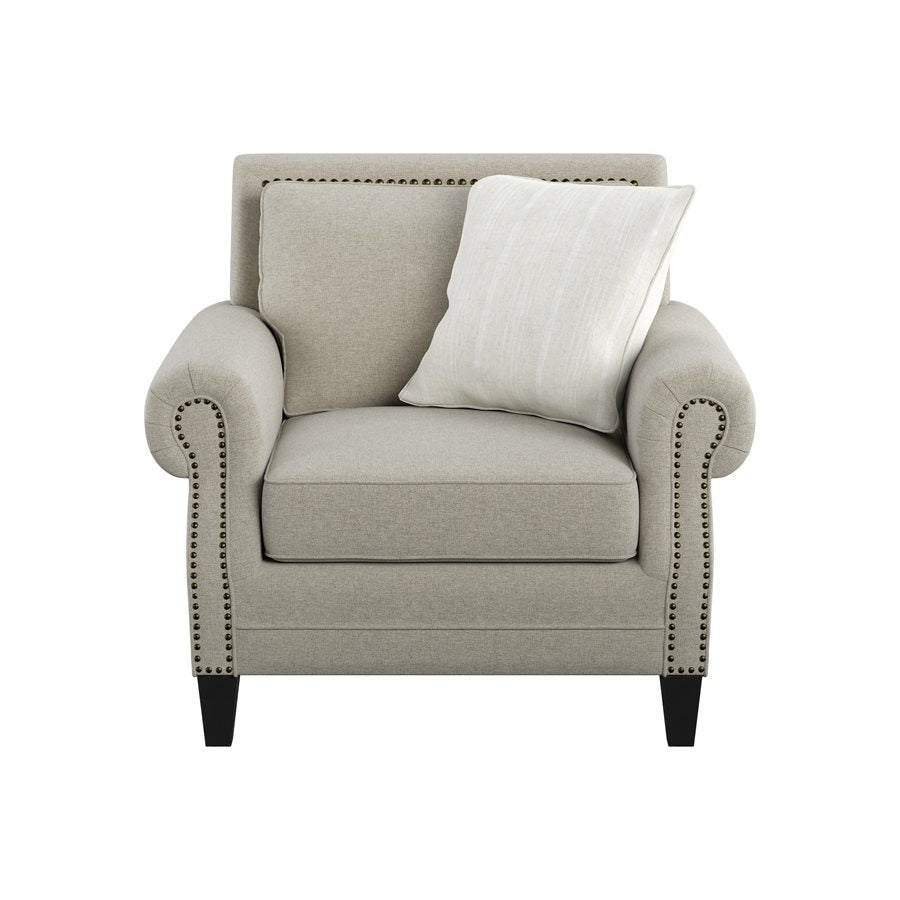 CHAIR W / 1 PILLOW Saxon Beige fabric, Rolled arms, Bronze Nailhead Trim (2-Pack)