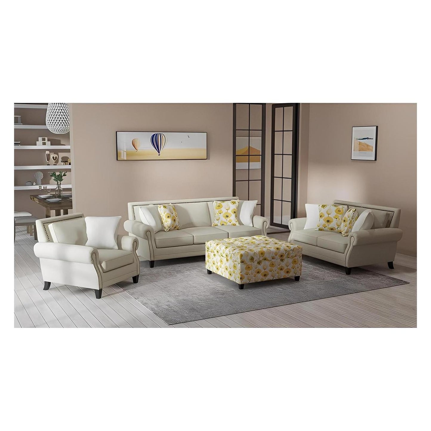 CHAIR W / 1 PILLOW Saxon Beige fabric, Rolled arms, Bronze Nailhead Trim (2-Pack)