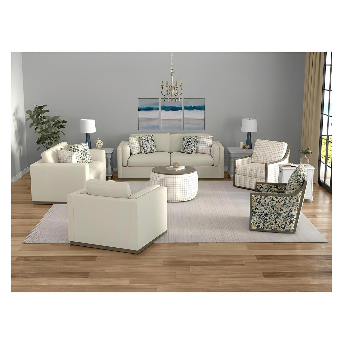 LOVESEAT W / WOOD BASE & 4 PILLOWS - CREAM