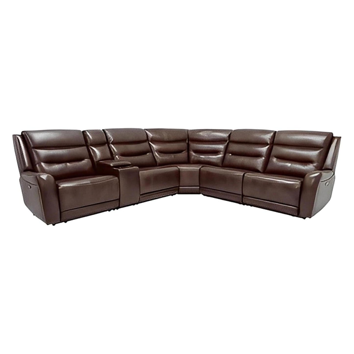 6PC - DUAL POWER SECTIONAL W / 3 RECLINERS - BROWN LEATHER