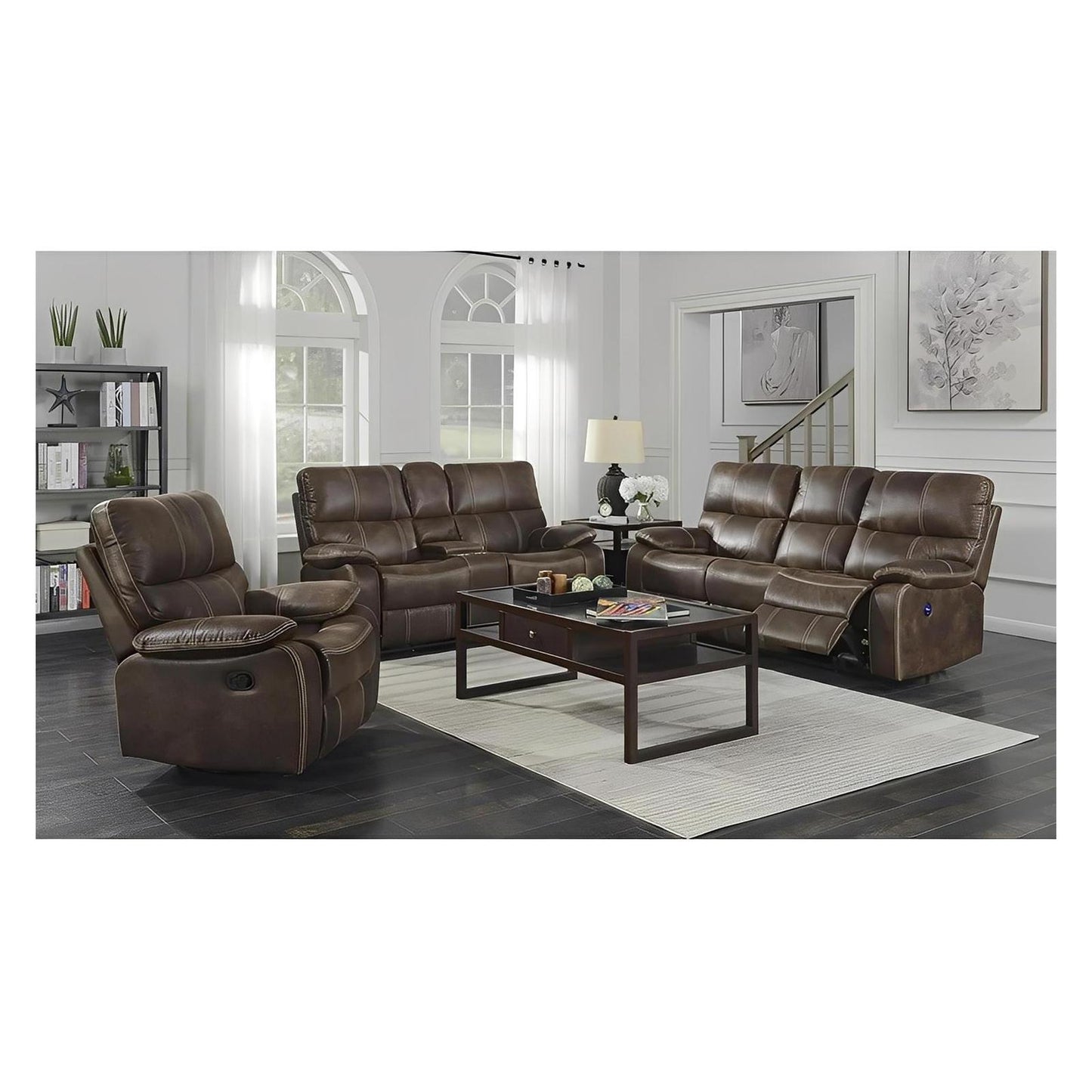 POWER CONSOLE LOVESEAT W / USB POWER OUTLET - BROWN - 2 Recliners