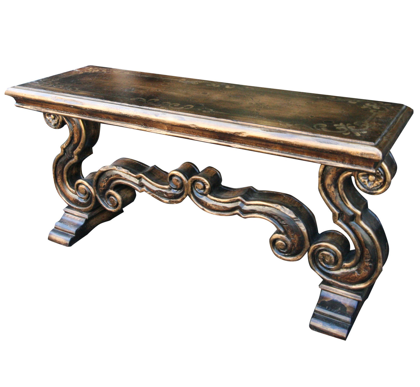 Saverne Console Table, Dark Walnut, Ornate Hand-Carved Scrollwork With Aged Bronze Highlights
