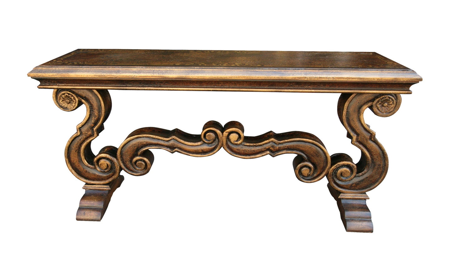Seillans Console Table, Antique Bronze Finish, Intricate Scrollwork Pedestal Base