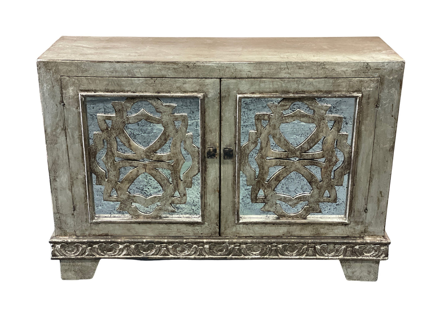 Lourmarin Chest, Silver, Distressed Mirrored Panels With Ornate Fretwork Doors, Antique Finish