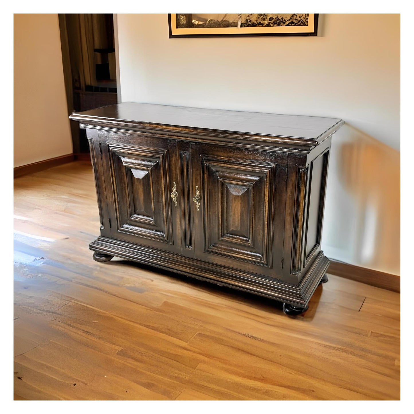 Luynes Chest, Dark Walnut Finish, Antique Brass Hardware, Carved Paneled Doors, Ball Feet