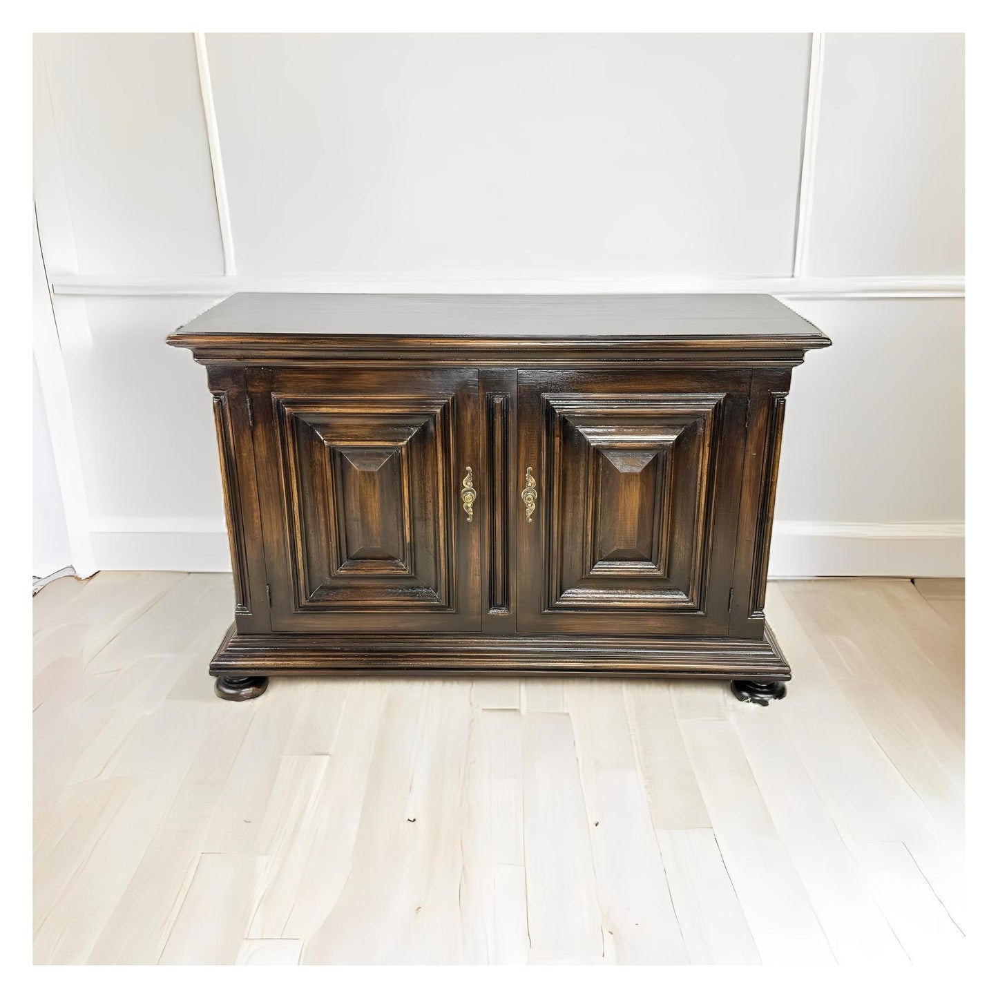 Luynes Chest, Dark Walnut Finish, Antique Brass Hardware, Carved Paneled Doors, Ball Feet