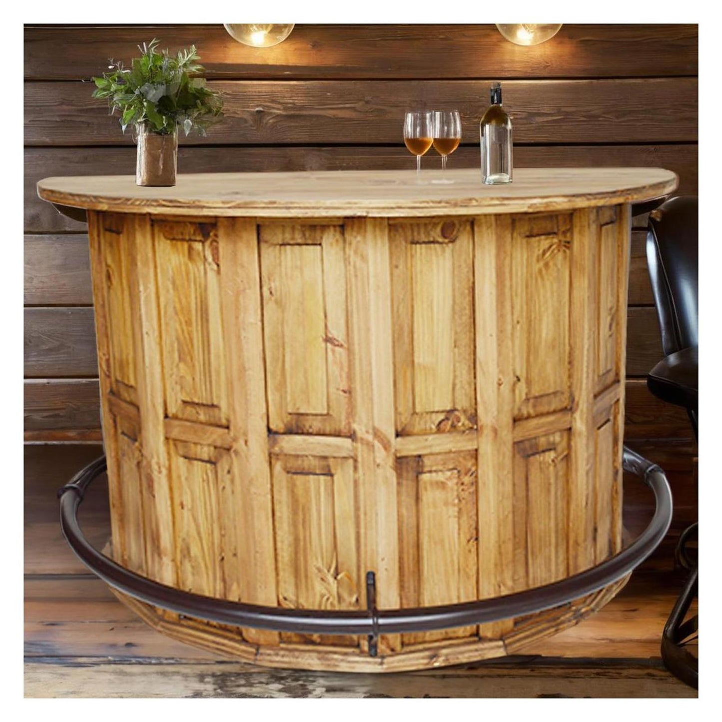 Curved Wooden Bar with a Foot Rail 63"x31"x42"