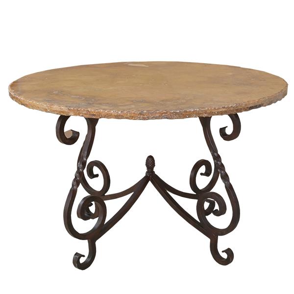 Old World Round Table with Cantera Stone Top & Wrought Iron Base | 29.5 x 48 x