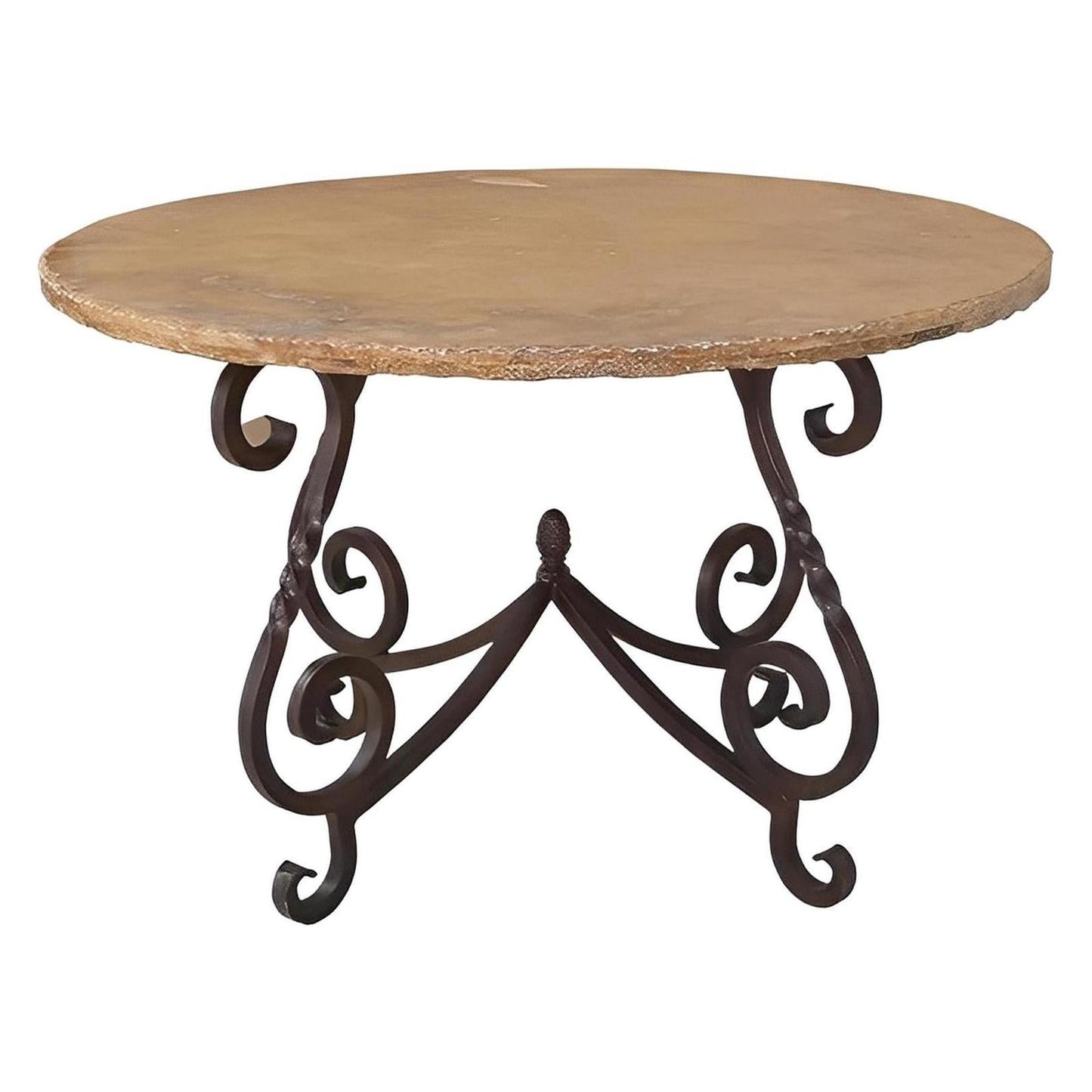 Old World Round Table with Cantera Stone Top & Wrought Iron Base | 29.5 x 48 x