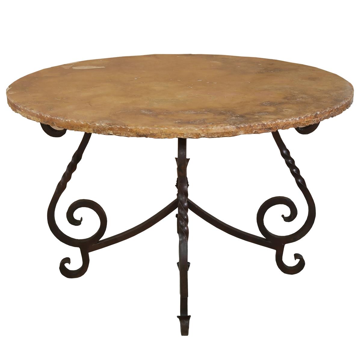 Old World Round Table with Cantera Stone Top & Wrought Iron Base | 29.5 x 48 x