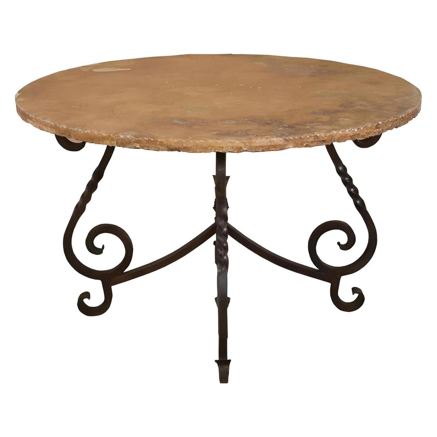 Old World Round Table with Cantera Stone Top & Wrought Iron Base | 29.5 x 48 x