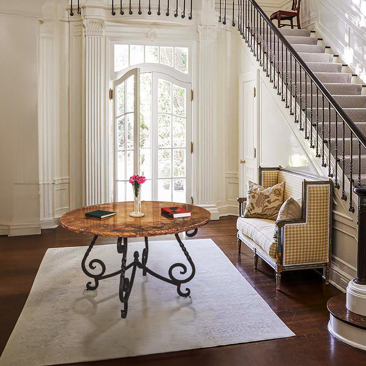 Old World Round Table with Cantera Stone Top & Wrought Iron Base | 29.5 x 48 x