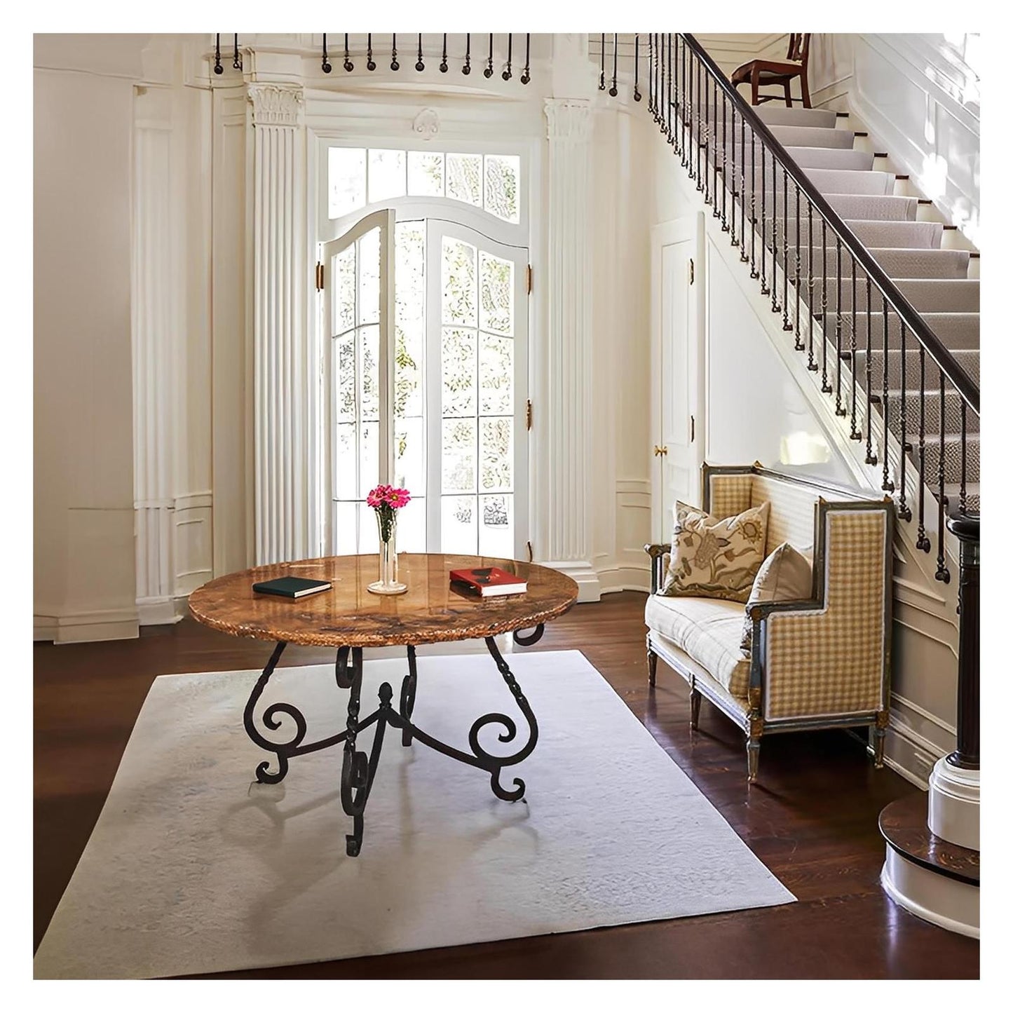 Old World Round Table with Cantera Stone Top & Wrought Iron Base | 29.5 x 48 x