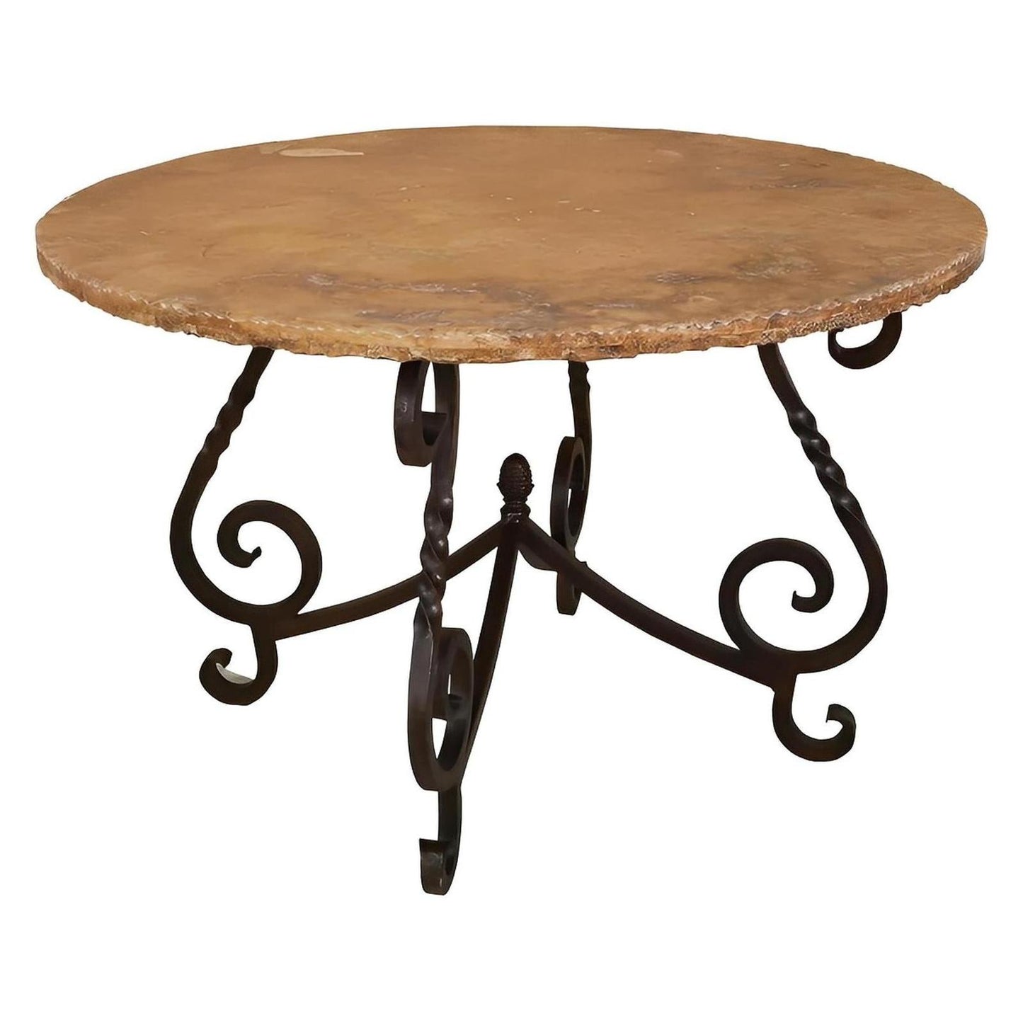 Old World Round Table with Cantera Stone Top & Wrought Iron Base | 29.5 x 48 x