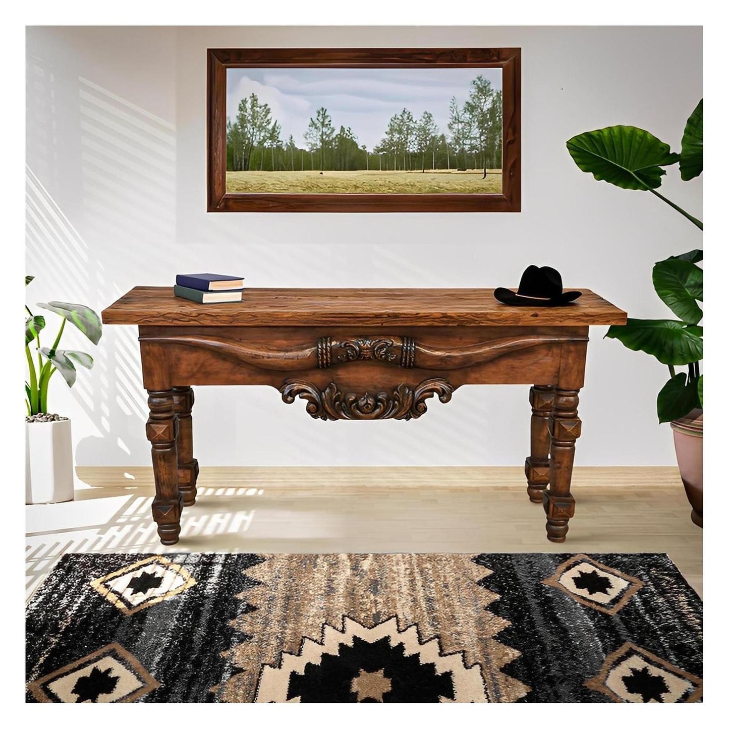 Dog Canyon Console With Longhorn Carving