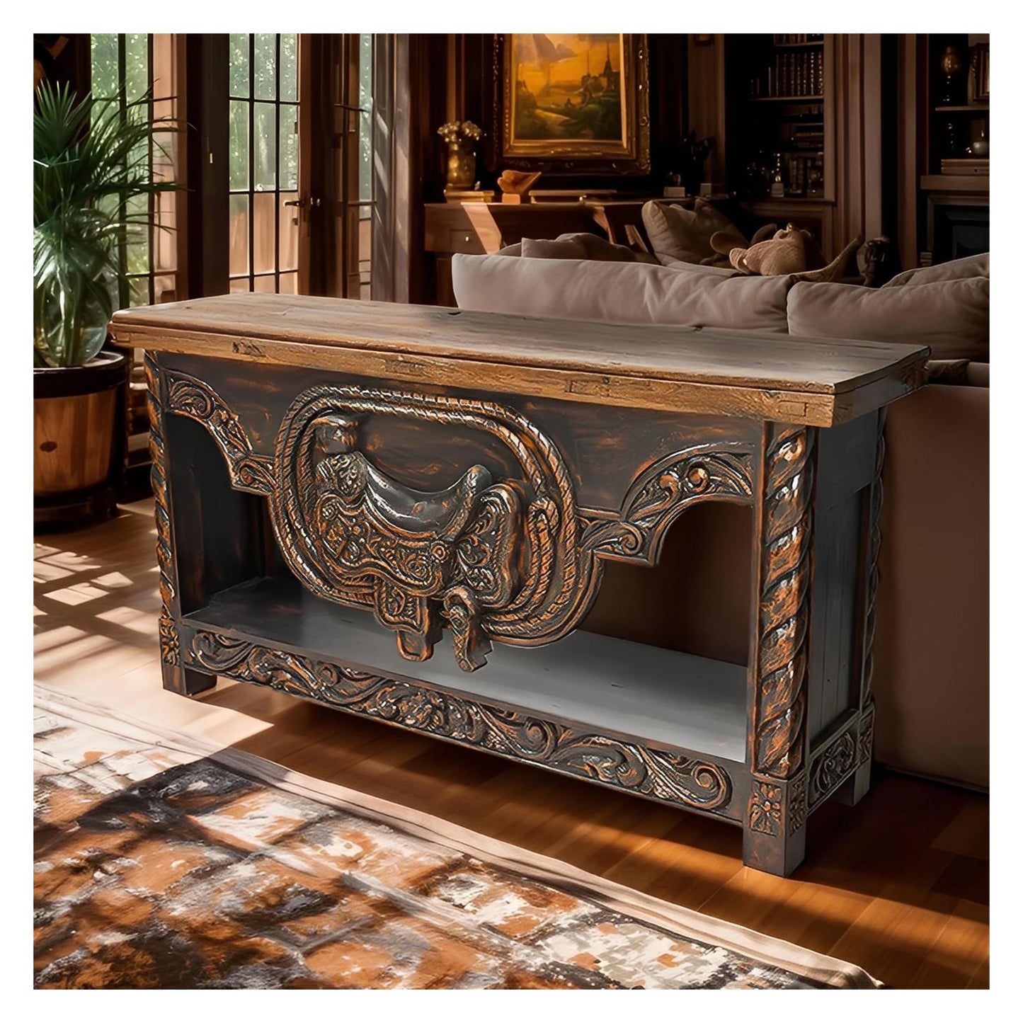 Sunset Canyon Hand Carved Saddle Stand With An Old Door Top Credenza / Console Table - Black