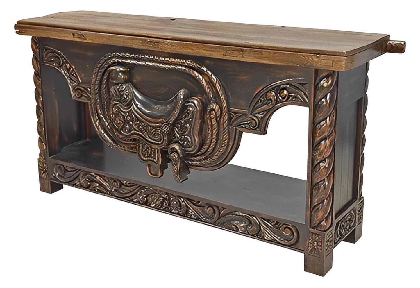 Sunset Canyon Hand Carved Saddle Stand With An Old Door Top Credenza / Console Table - Black