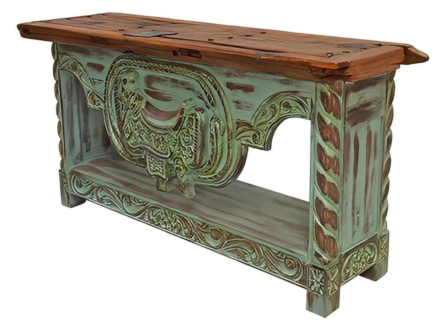 Tascosa Canyon Hand Carved Saddle Stand With An Old Door Top Credenza / Console Table - Teal