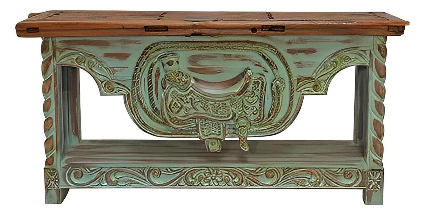 Tascosa Canyon Hand Carved Saddle Stand With An Old Door Top Credenza / Console Table - Teal