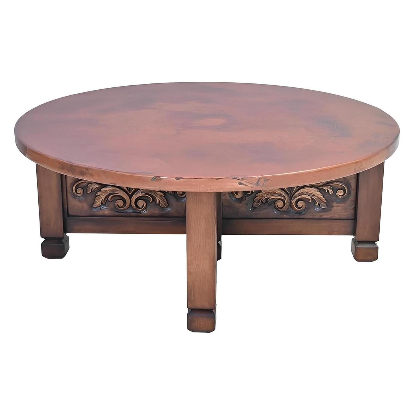 Sierra Vista Scroll Round Coffee Table with Copper Top | 21.5 x 54 x 48