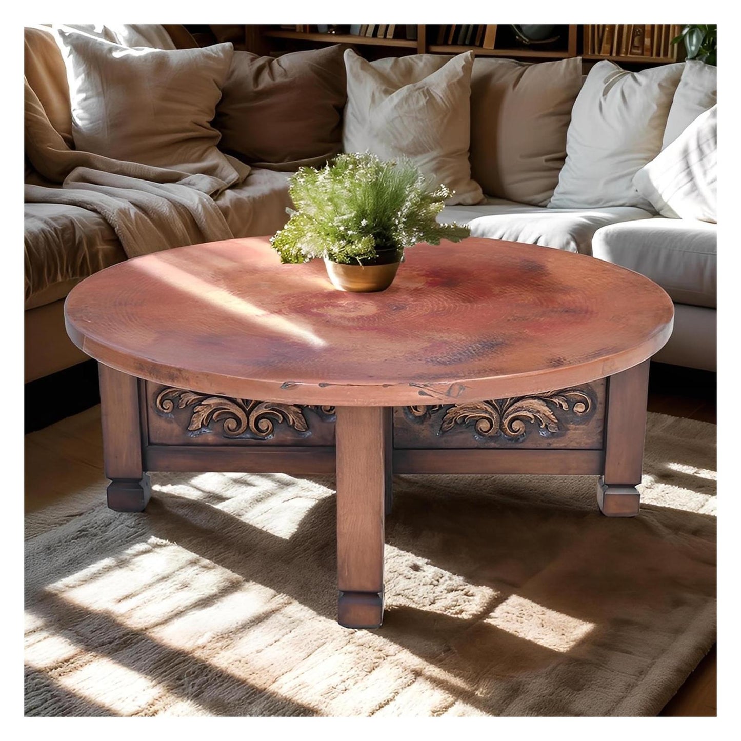 Sierra Vista Scroll Round Coffee Table with Copper Top | 21.5 x 54 x 48