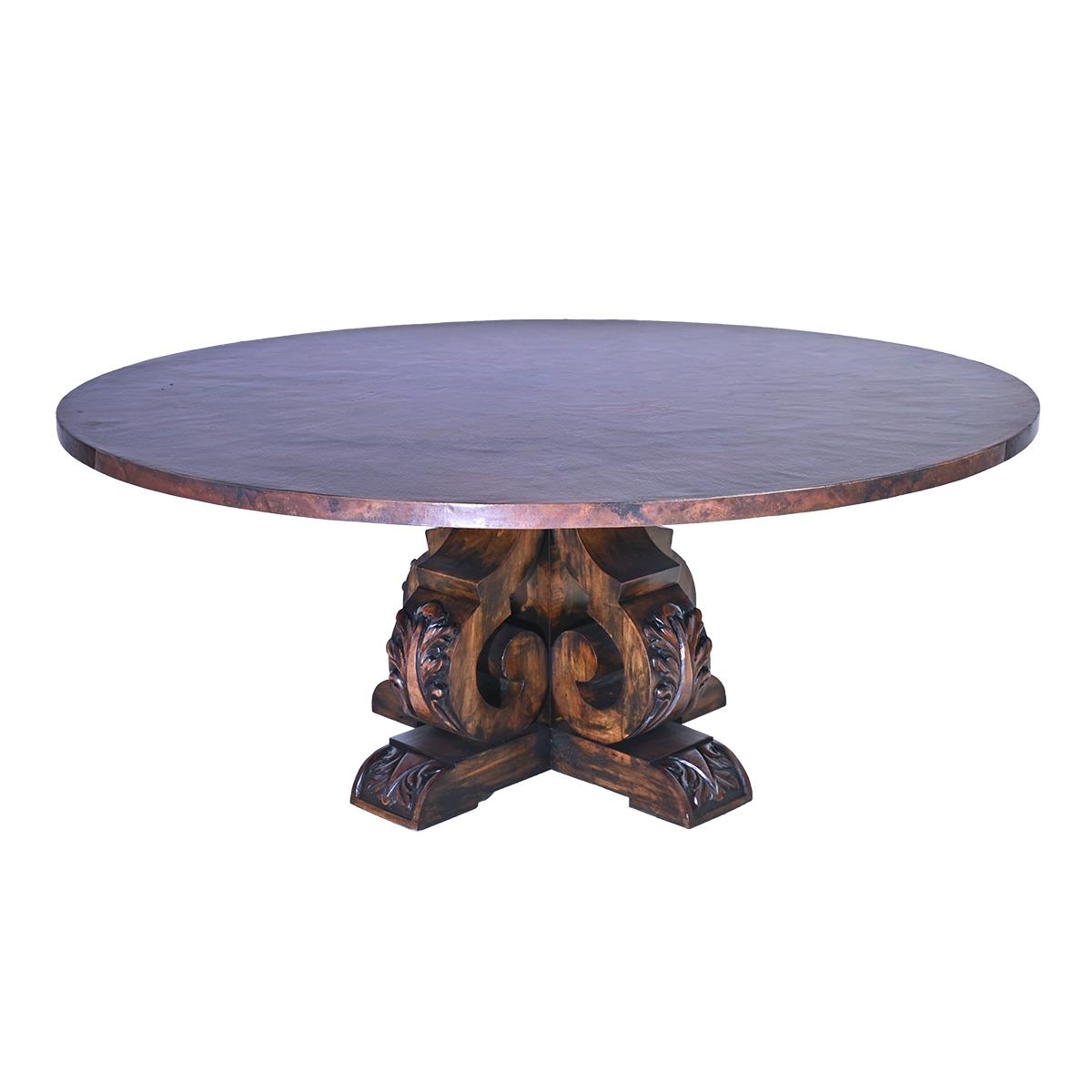 Andalusia Round Dining Table | Handcrafted Copper Top & Ornate Hand-Carved Wood Base