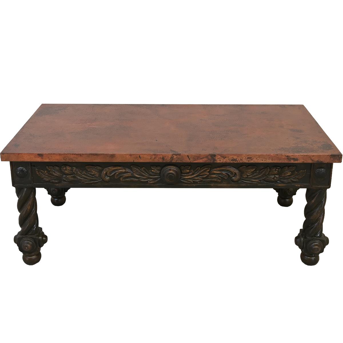 The Spaniard | Rustic Elegance Copper-Top Coffee Table with Hand-Carved Base | 22 x 28 x 55