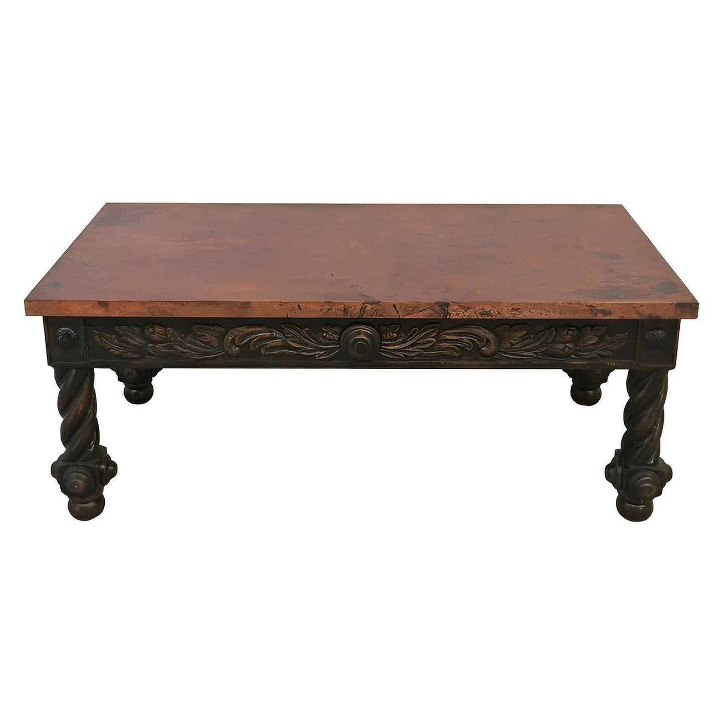 The Spaniard | Rustic Elegance Copper-Top Coffee Table with Hand-Carved Base | 22 x 28 x 55