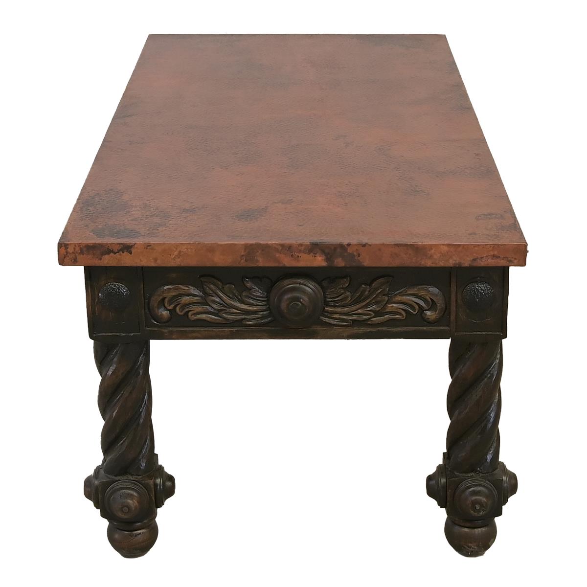 The Spaniard | Rustic Elegance Copper-Top Coffee Table with Hand-Carved Base | 22 x 28 x 55