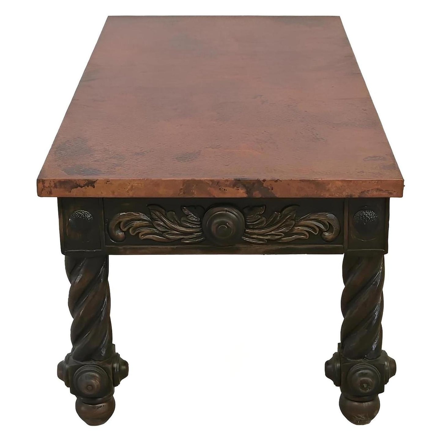 The Spaniard | Rustic Elegance Copper-Top Coffee Table with Hand-Carved Base | 22 x 28 x 55