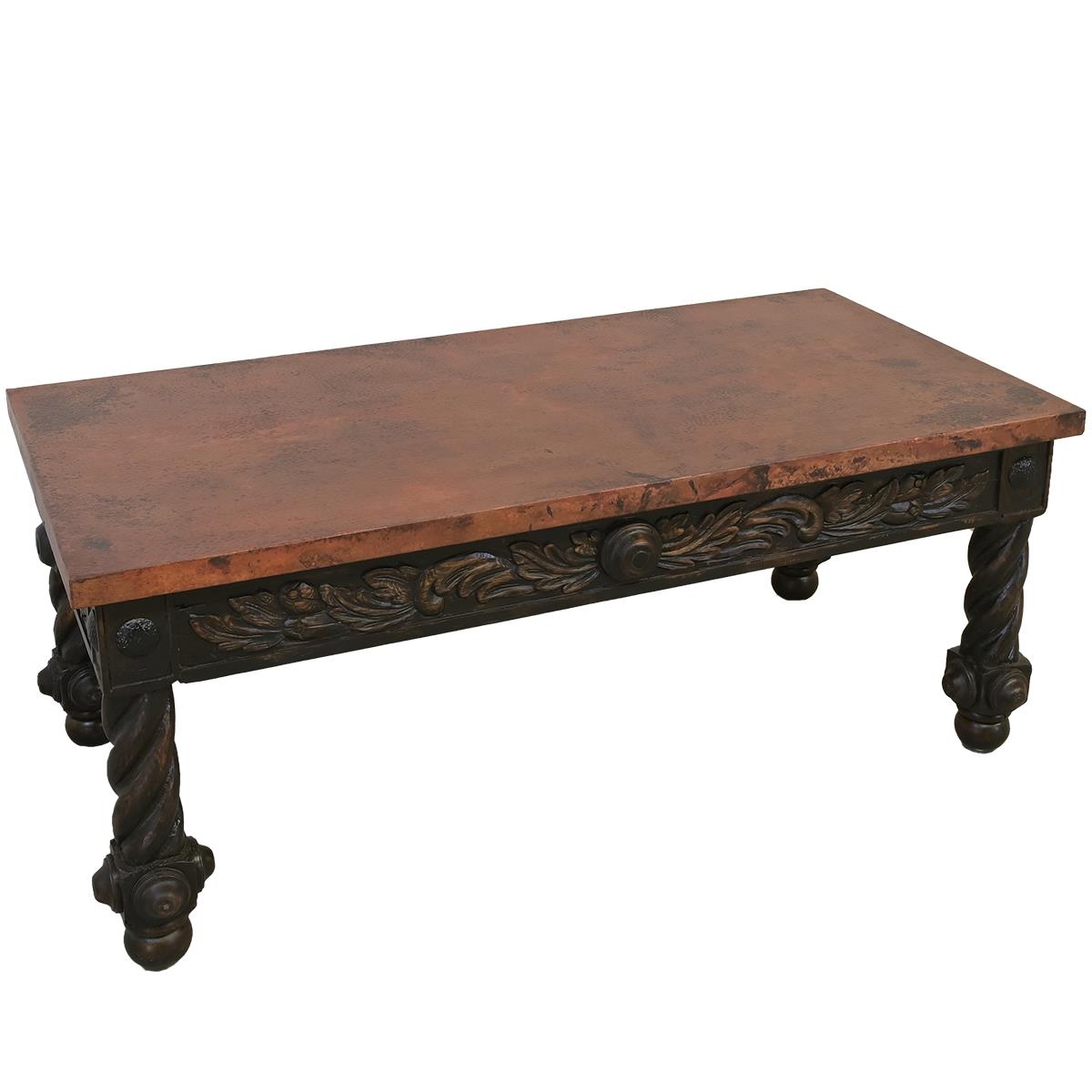 The Spaniard | Rustic Elegance Copper-Top Coffee Table with Hand-Carved Base | 22 x 28 x 55