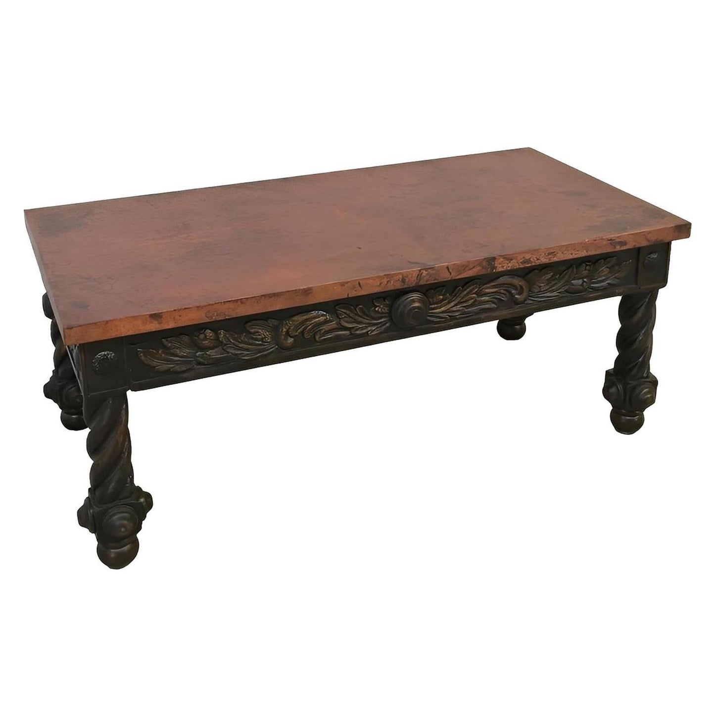 The Spaniard | Rustic Elegance Copper-Top Coffee Table with Hand-Carved Base | 22 x 28 x 55